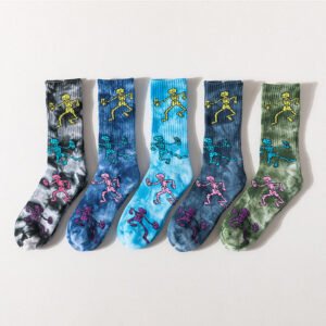 Wholesale Bulk Cotton Tie Dye Terry Socks Logo Unisex Colorful Skeleton Pattern Custom Grip Design Casual Couple Sock