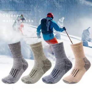Merino Wool Full Terry Men’s Socks – Thick 108 Needle, Anti-Silk, Long Elastic Band, Mid-Leg Design in Black, Khaki, Military Green & Blue (Sizes 42-45)