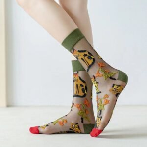 Spring & Summer Women’s Fashion Socks – Thin Medium Tube Glass Fiber Socks with Floral, Animal & Fruit Designs | European & American Style Trendy Stockings