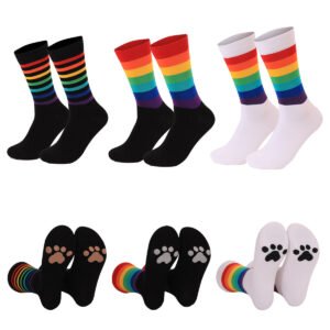 Medium Tube Socks with Rainbow Stripes & Animal Footprints - Sweat-Absorbing, Deodorant, Unisex Combed Cotton Socks