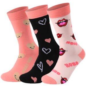 Valentine’s Day Cotton Socks for Couples – Unisex Black, Peach & Pink Medium Tube Socks, One Size Fits All, Perfect Holiday Gift