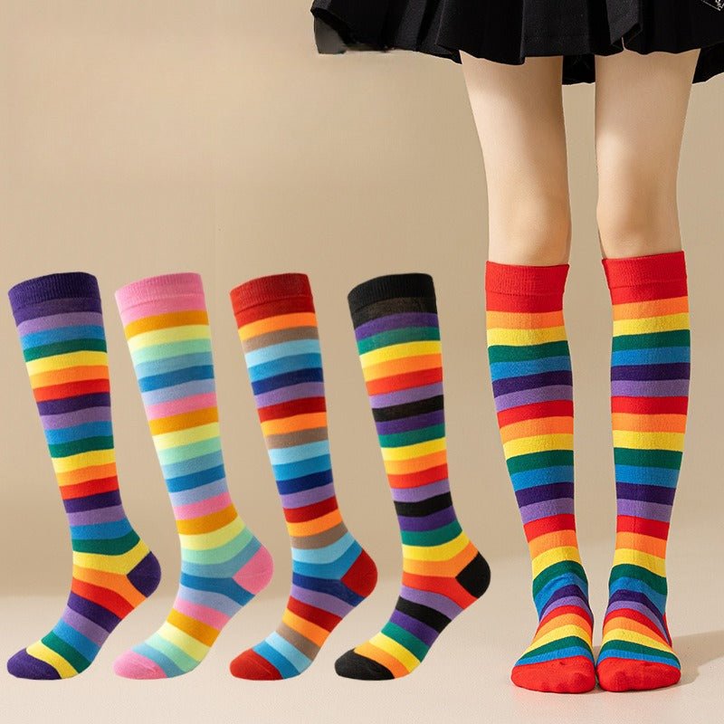 Rainbow Striped Women’s Long Tube Socks – Halloween Cosplay, Party Show, Casual Polyester Cotton Blend Calf Socks – One Size Fits All