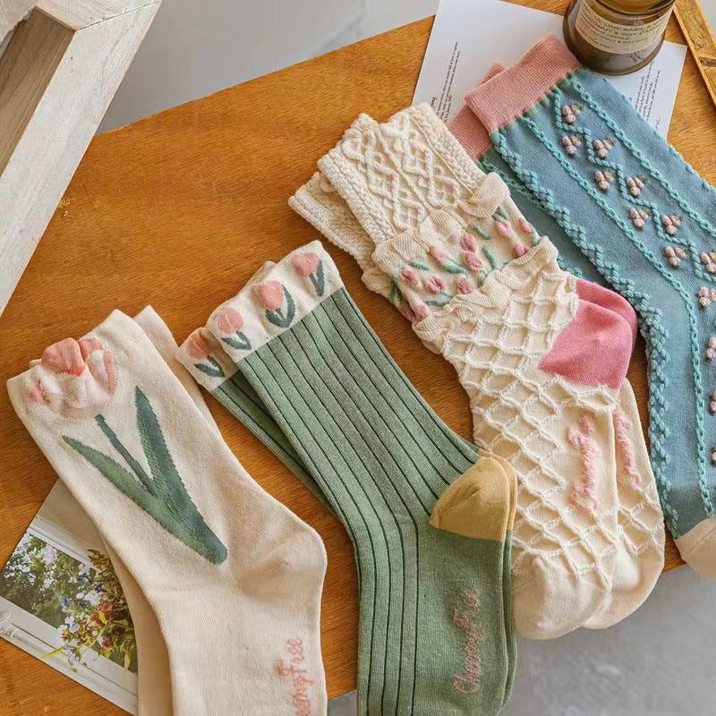 Women's Long Tulip Socks - Autumn Winter Mori Style, Versatile Flower Series