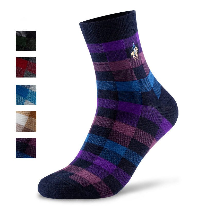 Men's Plaid Combed Cotton Business Socks - Trendy Medium Tube for Spring & Autumn